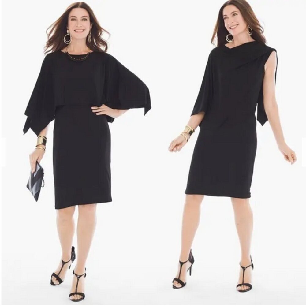 CHICO'S Convertible Dress Black Cape Sleeveless Stretch Slimming Jersey 1/M/8